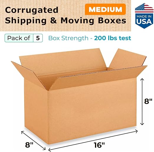 Medium Moving & Shipping Boxes 16" x 8" x 8" (5-Pack) - Extra Strength 200 lb vs Regular - USA-Made Corrugated Strong Cardboard Boxes Moving and Delivering - Square Cartons Box by IDL Packaging, brown