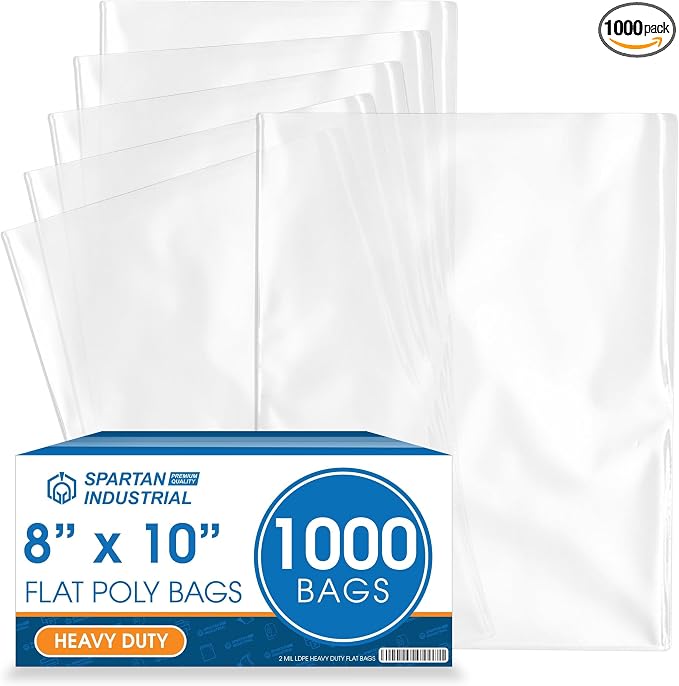 8" X 10" Open-End Flat Poly Bags (1000 Count) - 2 Mil Clear Plastic Bags for Packaging, Shipping, Storage - No Adhesive Strip - Spartan Industrial