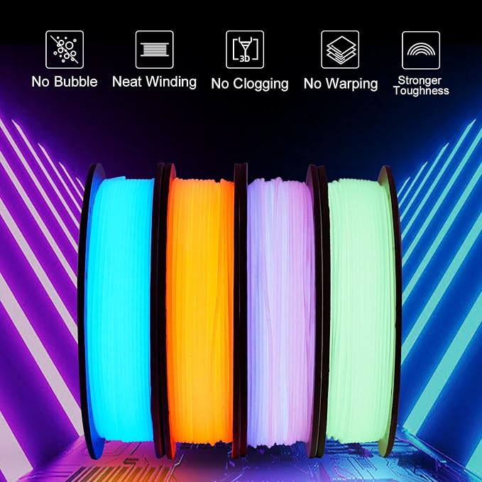ERYONE PLA Filament 3D Printer Filament Bundle Multicolor 1.75mm +/- 0.03mm, PLA Filament 250g Spool, 4 Rolls, Glow in the Dark Pla 1