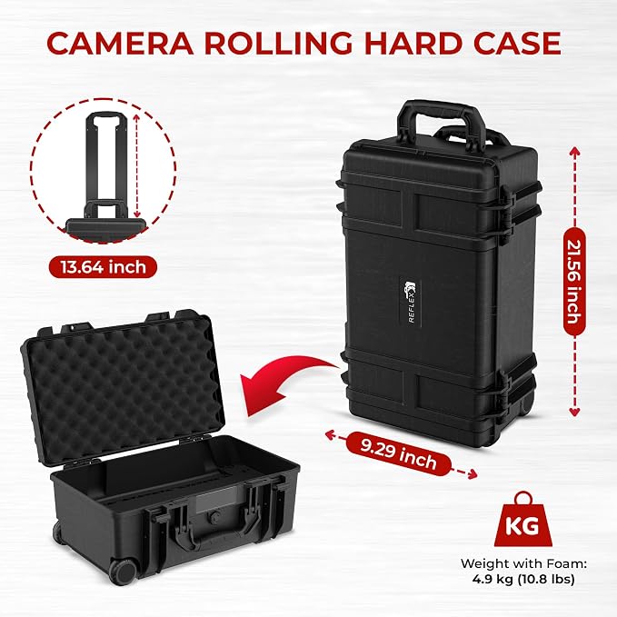 Reflex Camera Large Protective Hard Camera Case (20.22"x11.32"x7.91") suitable for Drones, Camera Lens, DSLR & Guns. Smooth Rolling Wheels, Waterproof IP67, Shockproof (Rolling Hard Case with Foam)