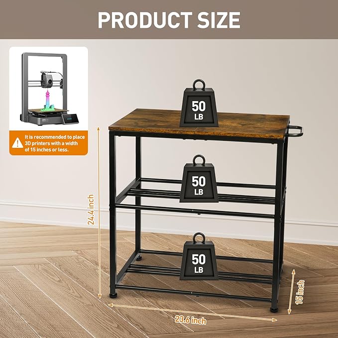 3D Printer Table with Filament Storage-Small 3D Printer Stand for consumables Storage – Space-Saving Cart for 3D Printing Workshop, Studio, Office.Brown.