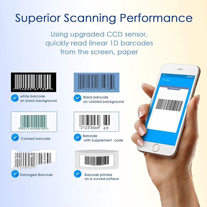 NADAMOO Wireless Barcode Scanner Compatible with Bluetooth Function, 2.4G Wireless & Wired 3-in-1 Bar Code Scanner Portable USB CCD Reader, Work with iPhone iPad Android Windows Mac OS - Light Blue