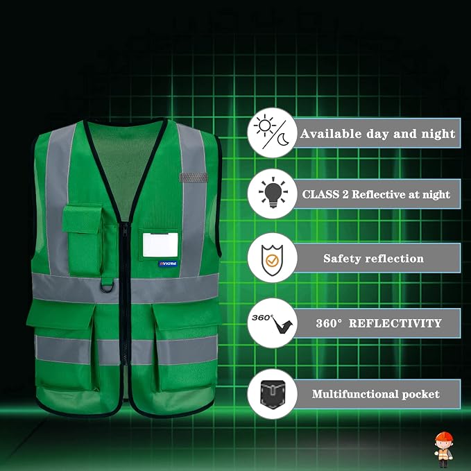 A-SAFETY big and tall green construction vest 4XL 5xl | Green 4XL-5XL work vest with reinforced pockets, front zipper and clear ID holder for park maintenance and landscaping.