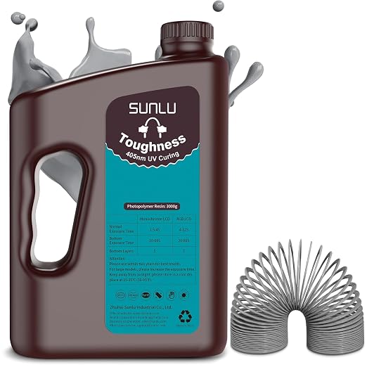 SUNLU High Toughness 3D Printer Resin, Enhanced Flexible 3D Printing Photopolymer Resin, 405nm UV Fast Curing 3D Resin for Most LCD DLP SLA Resin 3D Printers, Bendable and not Brittle, 3000g Grey