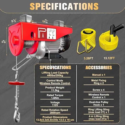 YATOINTO Wireless Electric Hoist, 440lbs Electric Winch with 328 ft Wireless Remote Control, Hoist Single/Double Slings with Emergency Stop, 110V Lift Hoist for Garage Warehouse Factory