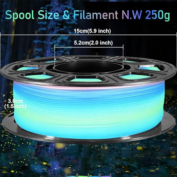 3D Printer Filament Bundle, Glow in The Dark Filament Multicolor, Green, Blue, Purple and Rainbow, PLA Filament 1.75 mm, Dimensional Accuracy +/- 0.03 mm, 250g X 4 Pack