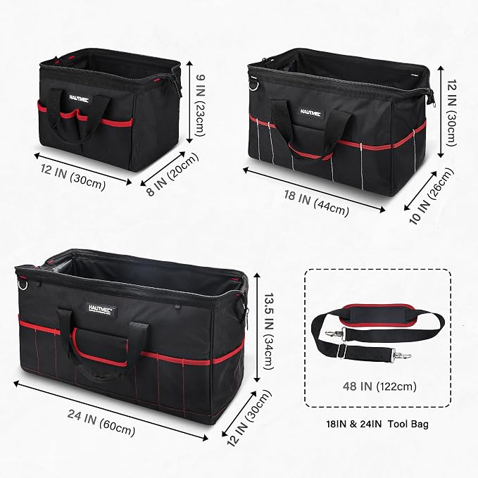 HAUTMEC 3-Piece Large Tool Bag Set (12” / 18” / 24”), Heavy-Duty 1680D Wide Mouth Tool Bag with Metal Frame, Foldable Tool Tote Bag with Non-Slip Base, Double Zippers & Padded Shoulder Strap – HT0297