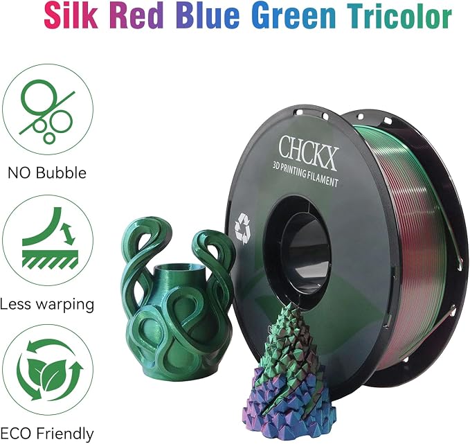 PLA 3D Printer Filament, Triple Color Silk PLA Filament, Dimensional Accuracy +/- 0.02 mm, 1 kg Spool(2.2lbs), 1.75 mm, Red Blue Green