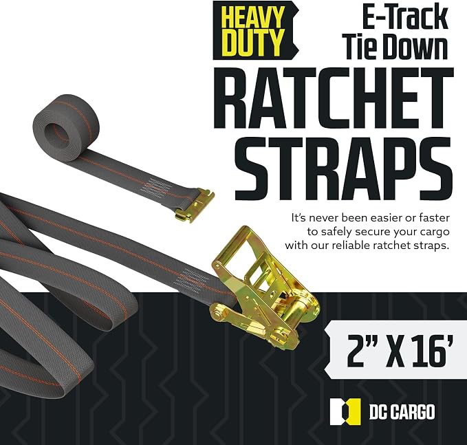 DC Cargo Mall E Track Ratchet Straps, Heavy Duty Cargo Tie-Down E Track Straps 2" x 16', (4 Pack, Grey) E Track Spring Fittings Tie Down Motorcycle, Vans, Trucks, Trailers