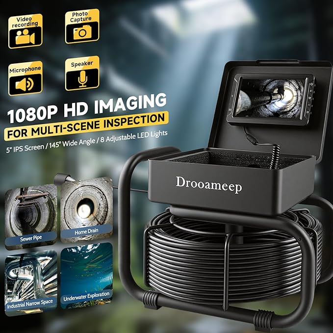 Sewer Camera, Sewer Inspection Camera, 5" IPS HD Drain Camera with 8 Lights, IP68, 32GB, DVR, FOV145°, Microphone & Speaker, for Pipe, Home Duct, Plumbing - 66FT (30M/100FT)