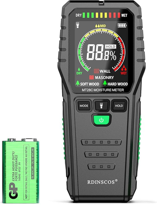 RDINSCOS Pinless Moisture Meter for Wood & Wall | Digital Moisture Detector, Flooding Detection, High Humidity Detection, For Basements, Bathrooms, Kitchens