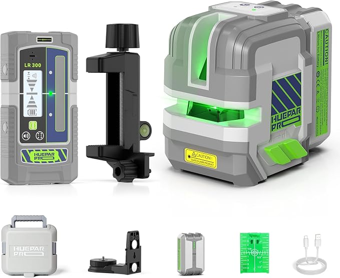 Huepar Pro Laser Level Rechargeable, Self Leveling Green Cross Line Laser Level Tool with Outdoor Pulse Mode, 18-Hour Long Runtime with Laser Receiver -GK011SG&LR300