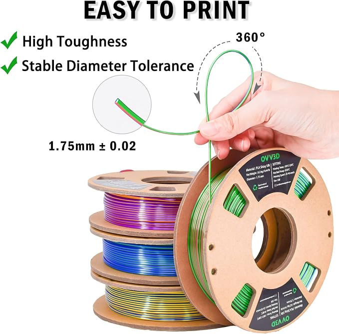 PLA Filament 1.75mm, Tri-Colors 3D Printer Filament, Rainbow PLA Filament Bundle, Coextrusion 3D Filament with Silk PLA Color Change, 3D Printing Filament +/-0.02mm, 200g X 4 Spool