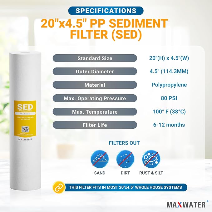 Max Water 5 Micron 20 x 4.5 Sediment Filter 20 inch Whole House BB Water Filtration System Replacement Cartridge Compatible with DGD-5005-20, FP25B, AP810-6, FPMB5-20, P5-20, 155358-43, SDC-45-2005