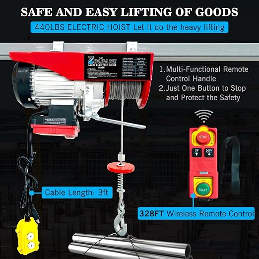 2 in 1 Electric Hoist,440 lbs Attic Lift Electric Hoist with Remote Control | 16ft/33ft Lifting Speed,328ft Wireless/Wire Electric Hoist Winch for Garage,Warehouse,Factory,Construction Site