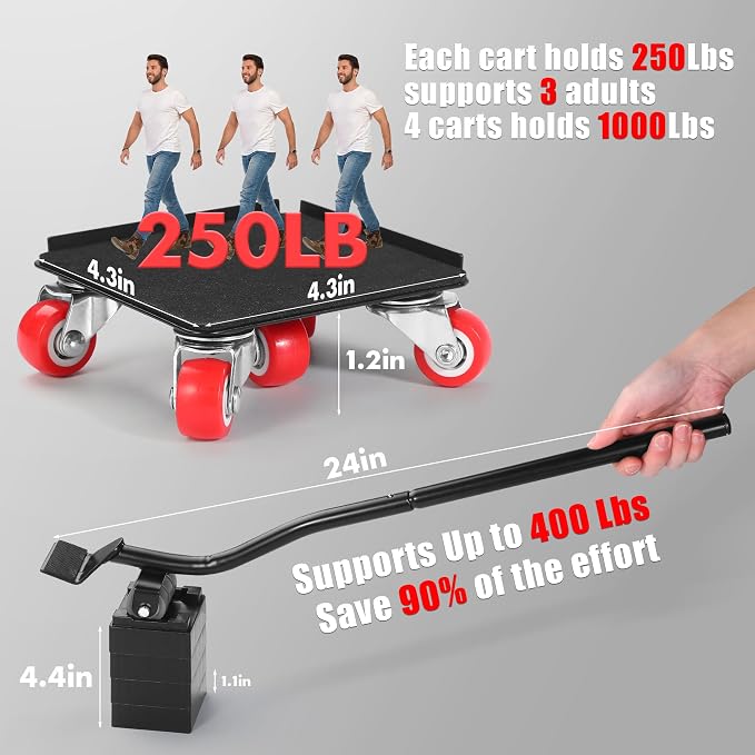 Furniture Movers with Wheels, Upgraded Guardrails for No Slips, Heavy Duty Furniture Dolly, Furniture Sliders with Wheels, Furniture Lifter Tool Included (Red, 4.3" × 4.3")