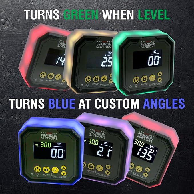 Franklin Sensors Light Cube, Digital Angle Gauge and Level, Turns Green When Level and Blue at Custom Reference Angles, Finds and Measures at 0 – 90 and 0 – 180 Degrees (No Case)