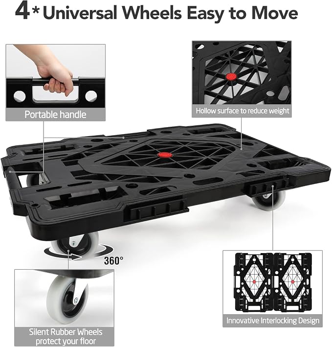 Furniture Dolly, 2 Pack Large Moving Dolly, 22.4in*15.8in with 880Lbs Capacity of 120in Rope, Heavy Duty Furniture Movers Wheels, Portable and Connectable Dollies with Wheels, Black