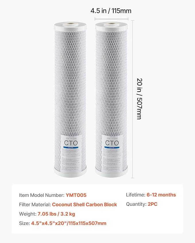 VEVOR CTO Whole House Water Filter, 20 x 4.5 Inch Universal Fit, Activated Carbon Block Cartridge Replacement, 5 Micron Coconut Shell Charcoal Filters, Reduces Chlorine, Taste & Odor, 2 Pack