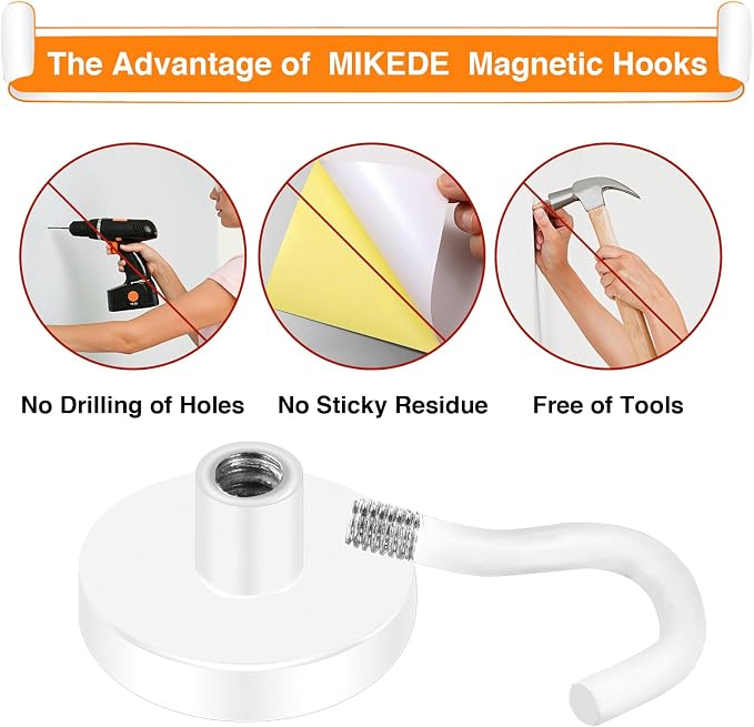 MIKEDE Magnetic Hooks 50LB+ Heavy Duty Magnet Hooks for Cruise Cabins | Super Neodymium Hanging Hooks White Strong Magnets with Hook for Fridge Magnetic Hanger for Grill Toolbox - Pack of 4