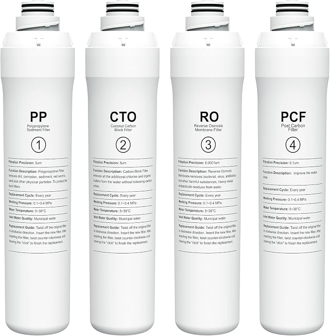 4-Pack Replacement Filter Set Compatible with Bluevua RO100ROPOT RO100ROPOT-UV RO System (1 PP, 1 CTO, 1 RO, 1 PCF)