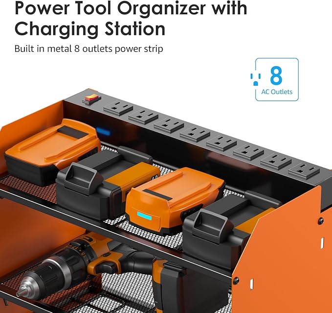 CCCEI Wall Mount Modular Tool Charging Organizer, Orange, 1 Pack, 3 Tier. | Drill Battery Storage Rack with Hooks, Garage Workshop, Gifts for Men, Dad, Husband Anniversary, Birthday, Christmas
