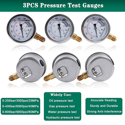Hydraulic Pressure Test Kit, 3 Pressure Gauges 25Mpa/40Mpa/60Mpa 6 Test Couplings 3 Test Hoses 1 Storage Case Diagnosis Tester Gauge Set for Excavator Construction Machinery Upgraded Version