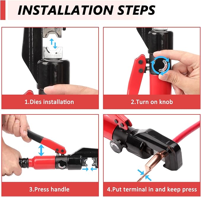 Hydraulic Crimping Tool 45KN Battery Cable Crimper Tool with 8 Dies | Heat-Treated Steel Construction Ergonomic Non-Slip Handle for Electricity, Communication, Traffic Applications