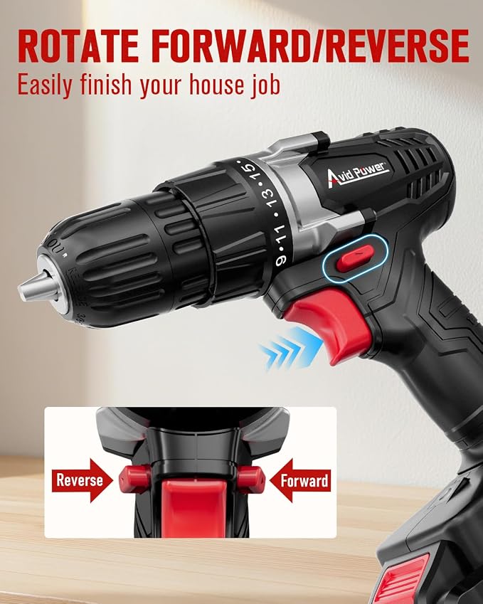 Cordless Drill Set with Battery and Charger, AVID POWER 20V MAX Lithium lon Power Drill Kit, 550RPM Variable Speed & 3/8-Inch Keyless Chuck,16 Position and 22pcs Drill Bits(Black)