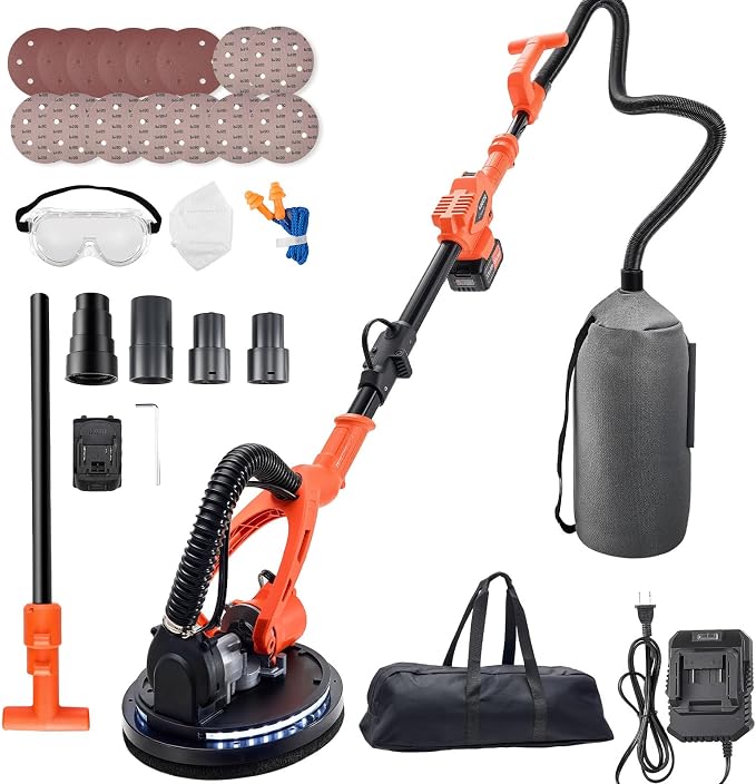 VEVOR Cordless Drywall Sander, 450W Electric Sander, Popcorn Ceiling Removal Tool with Vacuum Dust Collection, 7 Variable Speed 0-1600 RPM, LED Light, Foldable & Extendable Handle, 15 Sanding Discs
