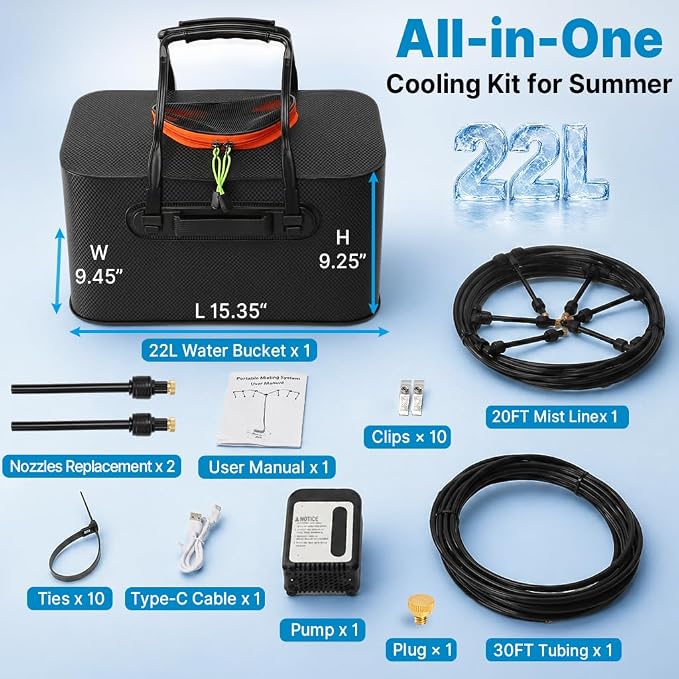 Bluepro 50FT Portable Misting System for Cooling, Misters for Outside Patio with 5.8Gal/22L Foldable Tank, 5200mAh Pump (IPX8) & 8 Adjustable Brass Nozzles for Umbrella, Camping, Golf Cart, Sport