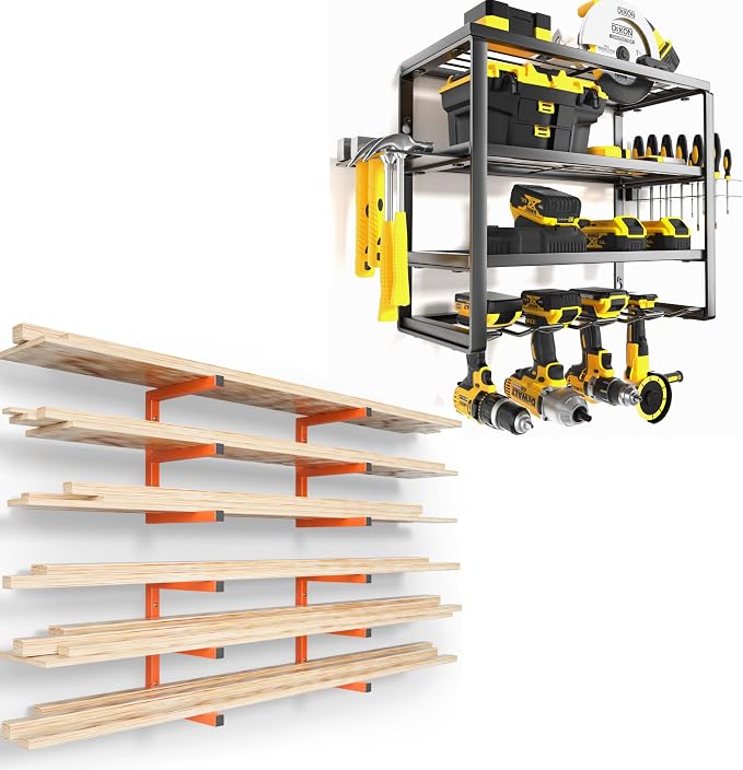 YYR 4 Layer Power Tool Organizer 16 Inch 4 Slots & Heavy Duty 4-Level Lumber Storage Rack Wall Mount