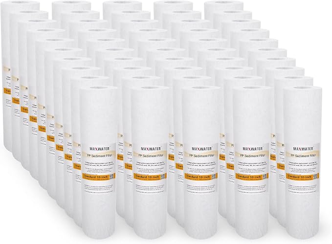 Max Water 10 inch x 2.5 inch, 5 Micron Replacement Sediment Water Filter Cartridge for Whole House, Melt Blown Filtration Fiber for Heavy Duty (Pack of 50)