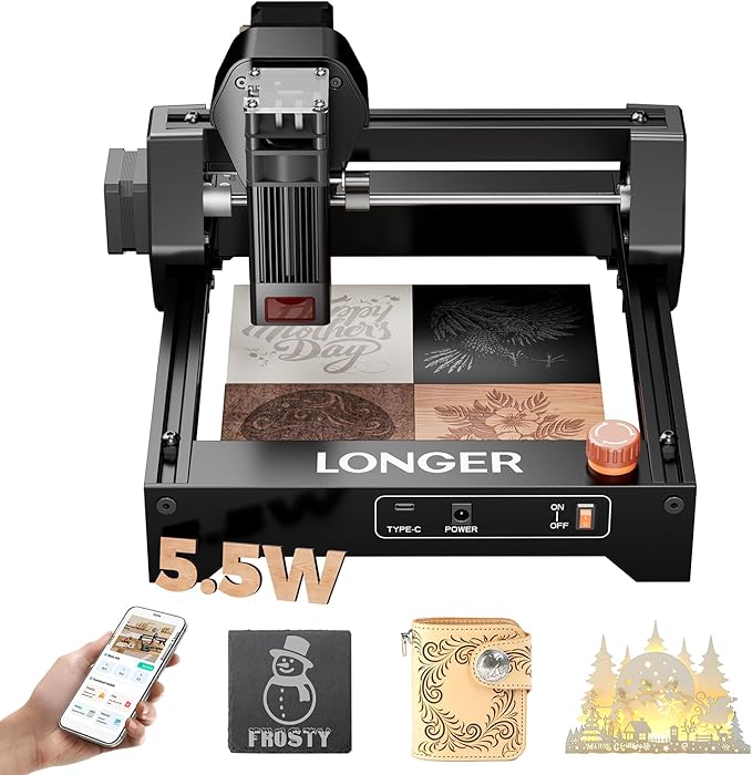 LONGER Ray5 Mini Laser Engraver, 5.5W Portable Laser Engraver & Cutter, 12000mm/min High-Speed, for Wood, Acrylic, Glass & Leather, 130x130mm Work Area, Ideal for Small Business & DIY, WiFi Compatible