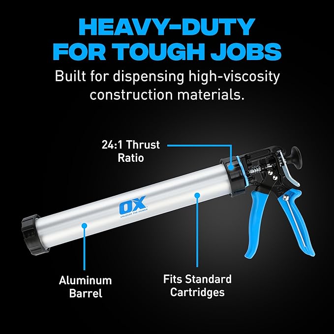 OX Professional Sausage Caulk Gun - Heavy Duty Caulking Gun with 24:1 Thrust Ratio Sausage Guns for High Viscosity Materials - Pistola De Calafateo