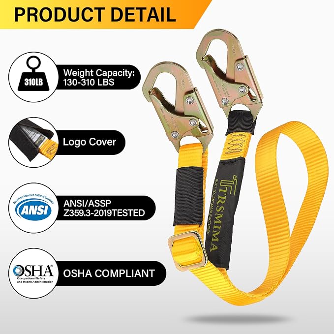 TRSMIMA Fall protection Safety Lanyard - 4ft to 6ft Adust Fall protection Webbing Belt Roof Strap Double Rebar Hook