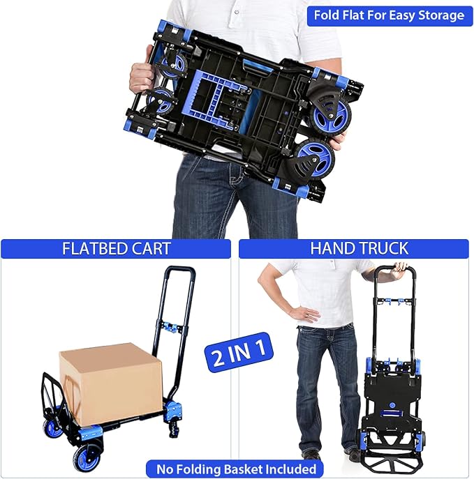 Folding Hand Truck Dolly with Folding Basket, 330LBS Capacity Carts with Wheels 2 in 1 Platform Truck, Push Cart Dolly with 4 Wheels and Retractable Handle