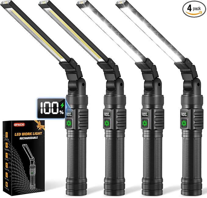 4Pack Magnetic Rechargeable LED Work Light/Flashlight for Mechanics | All Aluminum, 1500 High Lumens, Digital Display, 7 Modes, 360° Rotation, for Car Repairing, Emergency, Gifts for Father