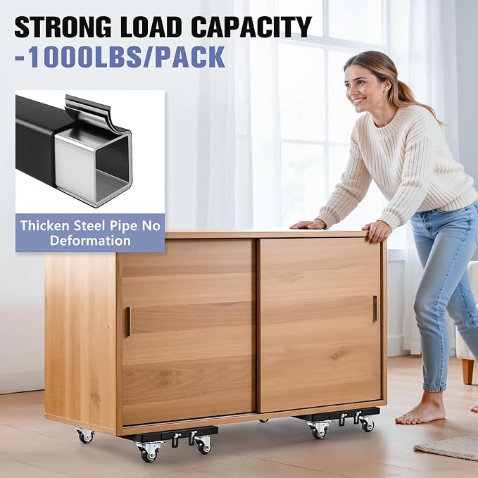 KEDSUM Furniture Dolly 1000LBS × 2 Pack, 17 x 13 in Heavy Duty Moving Dolly with Reinforced Steel Frame, Mover Dollies with Brake Wheels, Anti-Slip Baffles, Easy Moving for Dryer, Refrigerator