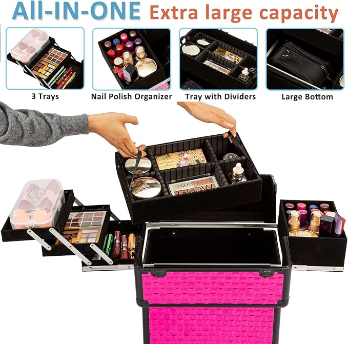 AROUS Rolling Makeup Train Case Cosmetic Travel Trolley with 4 Aluminum Trays with Sliding Rail Removable Middle Layer with Key Swivel Wheels Salon Barber Traveling Cart Trunk, Rose Red