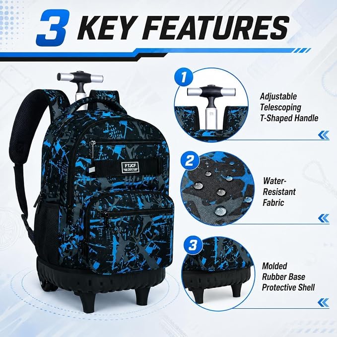 3Pcs Rolling Backpack for Boys Men, Travel Roller Backpacks with Wheels for Adults, Teens College Graffiti Wheeled Bookbag with Lunch Box(Blue)
