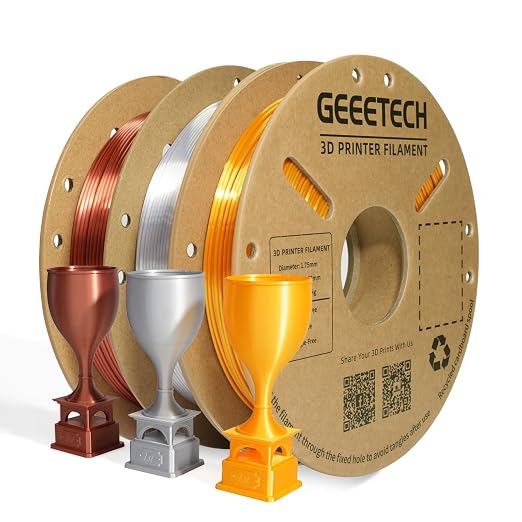 Geeetech Bundle Silk PLA Filament 1.75mm for 3D Printer, Metal-Like Shiny 3D Filament, 3 Spools Pack, 0.5kg/Spool, Dimensional Accuracy +/- 0.02 mm, Metallic Silver+Copper+Gold