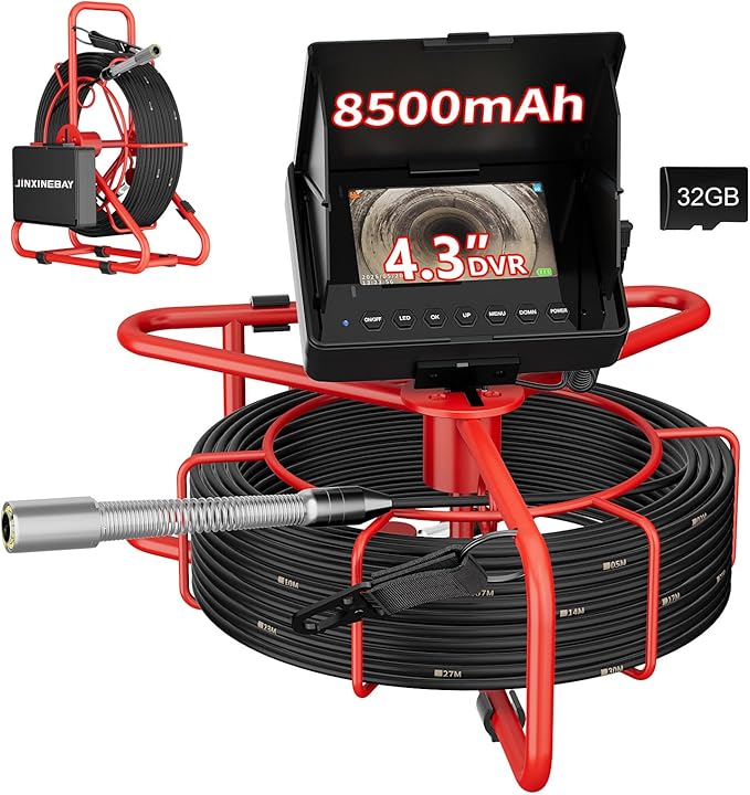 Sewer Camera,100FT/30M 4.3" Pipe Drain Inspection with DVR Function and LED Lights,18mm Borescopes Plumbing 8500Mah Battery Waterproof IP68 Endoscope HD 1000TVL 32GB Card (18mm Camera)