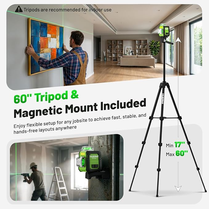 Huepar Laser Level 360° Self Leveling with 60" Tripod, New 3D, Smaller Size, Better Value, 3x360° Green Cross Line Laser Level 12 Lines, Rechargeablel Outdoor Pulse Mode, Tile, Cabinet, etc. ST03CGTP
