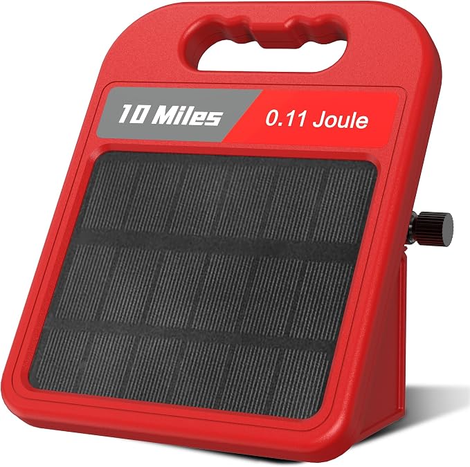 10 Mile Solar Fence Charger 0.11J Electric Fence Energizer with Day Night Mode 24-Hour Protection Red