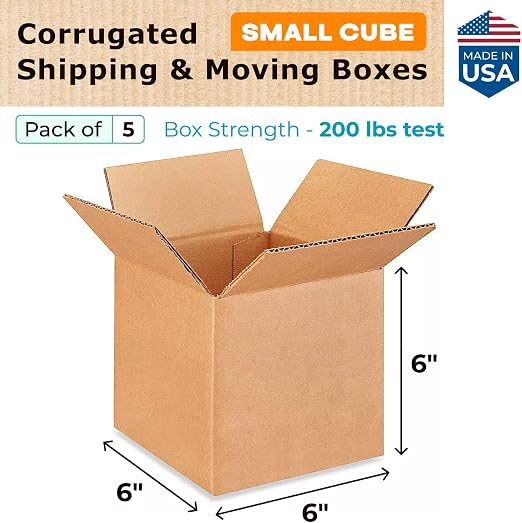 Small Cube Moving & Shipping Boxes 6 x 6 x 6 inches (5-Pack) - Extra Strength 200 lb vs Regular - USA-Made Corrugated Moving Boxes for USPS/FEDEX - Cardboard Packing Box for Moving by IDL Packaging