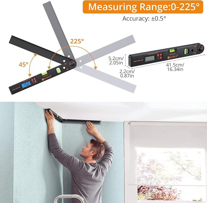 Neoteck 16 inch Digital Angle Finder 225° Aluminum Protractor, LCD Backlight & Bubble Level High Accuracy ±0.5°, Data Hold & Locking Knob, Auto-Off for Woodworking, Construction, Machinery