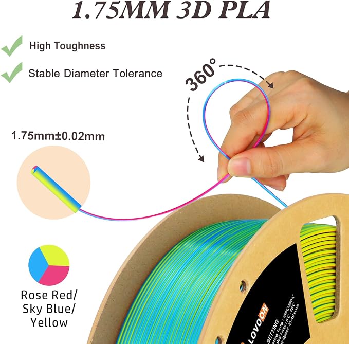 LOVOON PLA 3D Printing Filament 1.75MM Tricolor Change by Angle Filament PLA Multicolor Silk pla Filament, Fit Most FDM Printers and 3D Pen, Silk Rose Red/Sky Blue/Yellow, 1KG(2.2lb)/Spool