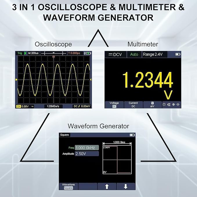 HANMATEK 3 in 1 Handheld Oscilloscope Multimeter,Waveform Generator HO51 with 3.5" TFT Oscilloscop, Auto-Calibration Function, Memory Function, Multi Tester