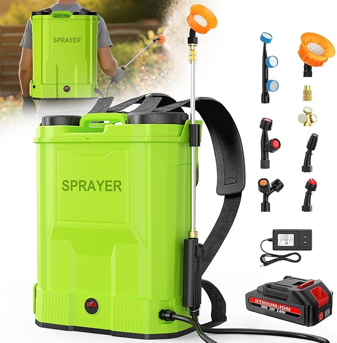 Battery Powered Backpack Sprayer 5.3 Gallon,Electric Garden Sprayer with 100 PSI Adjustable Pressure, Rechargeable 21V 2.6Ah Battery,8 Nozzles (Includes Telescopic Wand) for Lawn,Yard,Garden